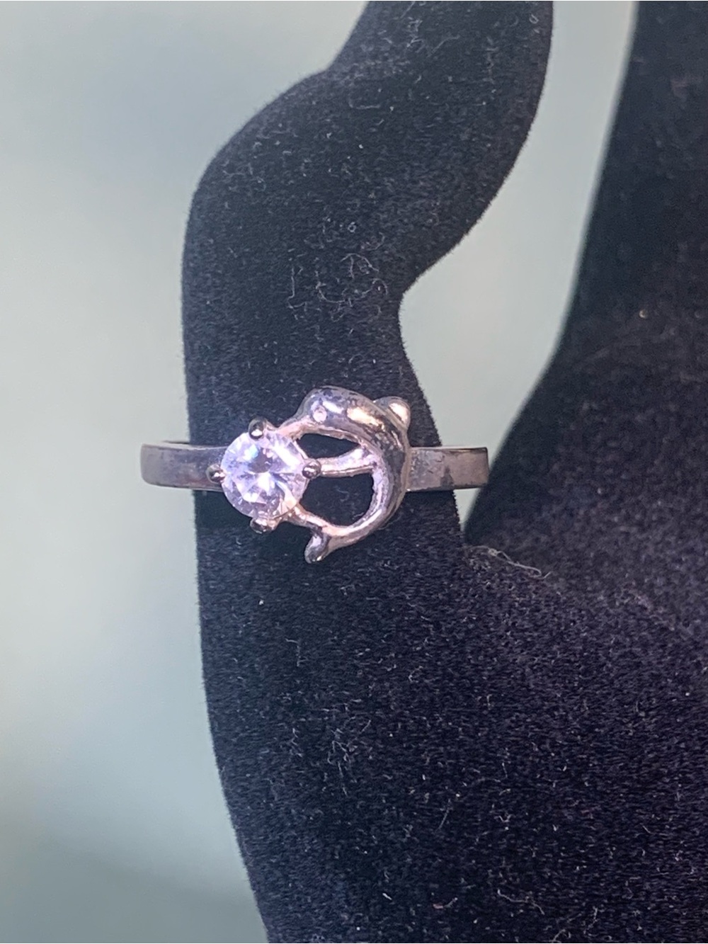 Sterling-Tone Dolphin Ring with Clear Stone - Unbranded